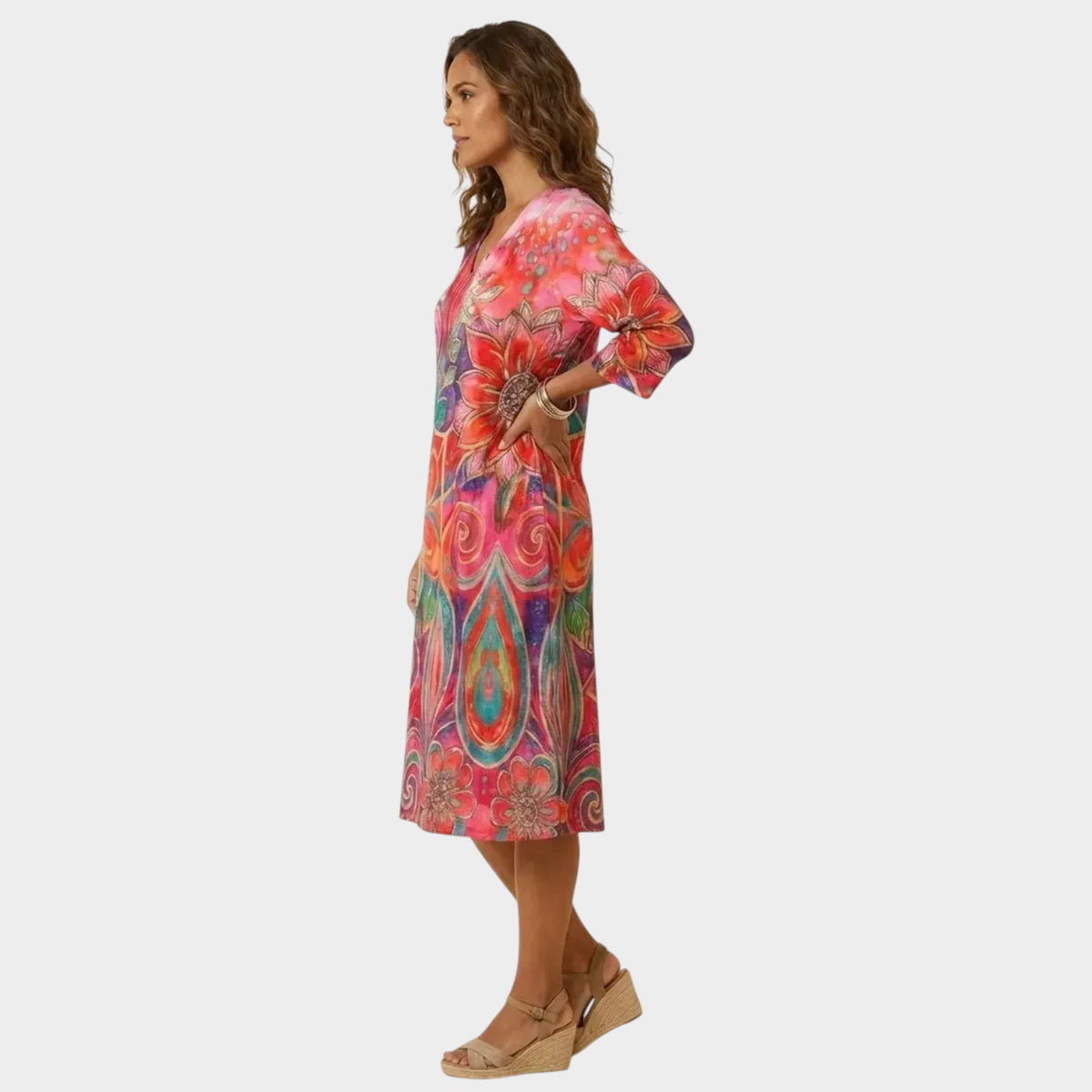 Women’s Floral Paisley Print Midi Dress with Three-Quarter Sleeves