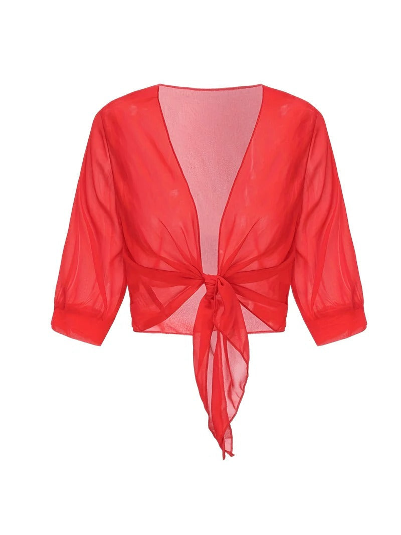 Brisa | Women's Sheer Tie-Front Blouse with Open Front and 3/4 Sleeves