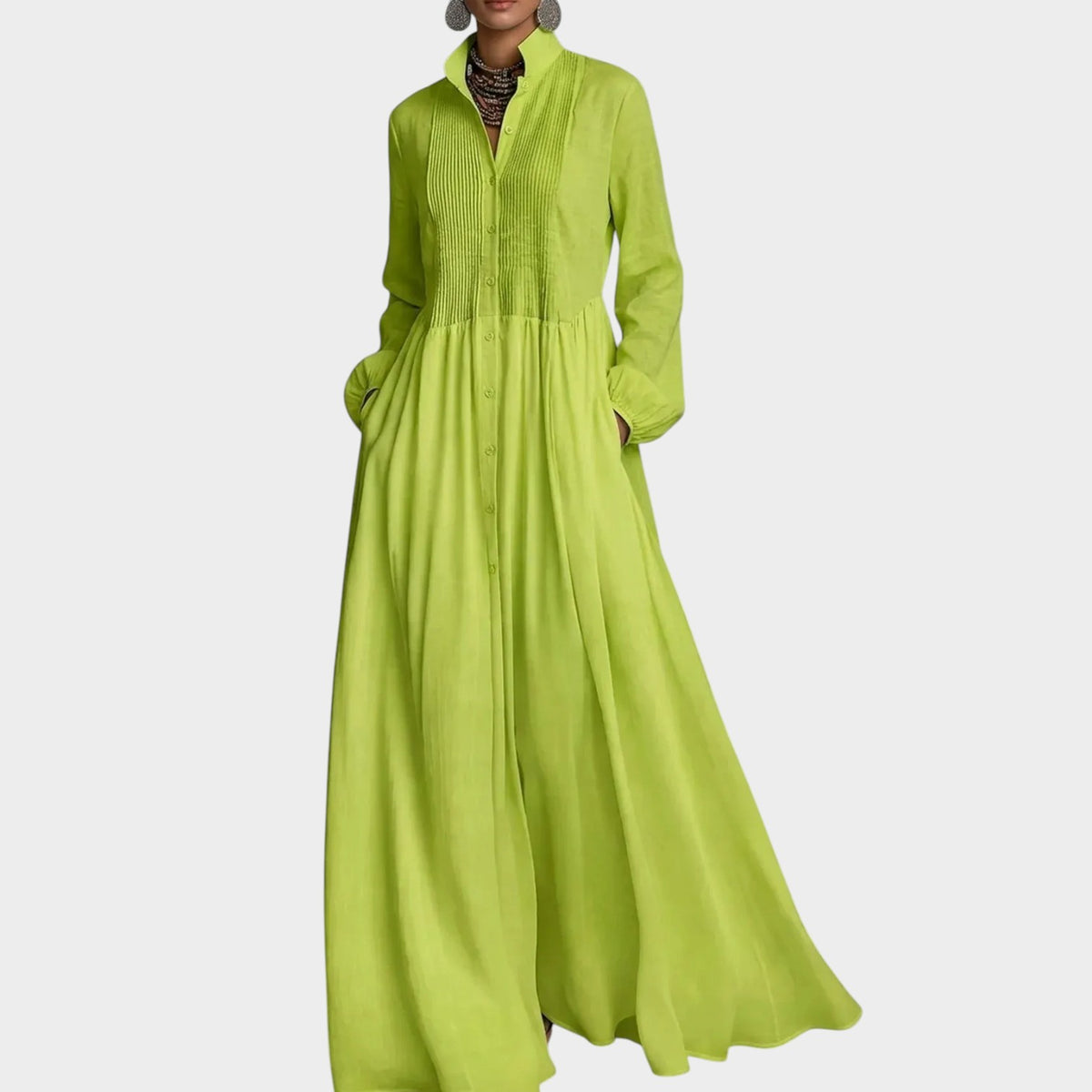 Women’s Long Sleeve Maxi Dress with Collared Neckline and Pockets
