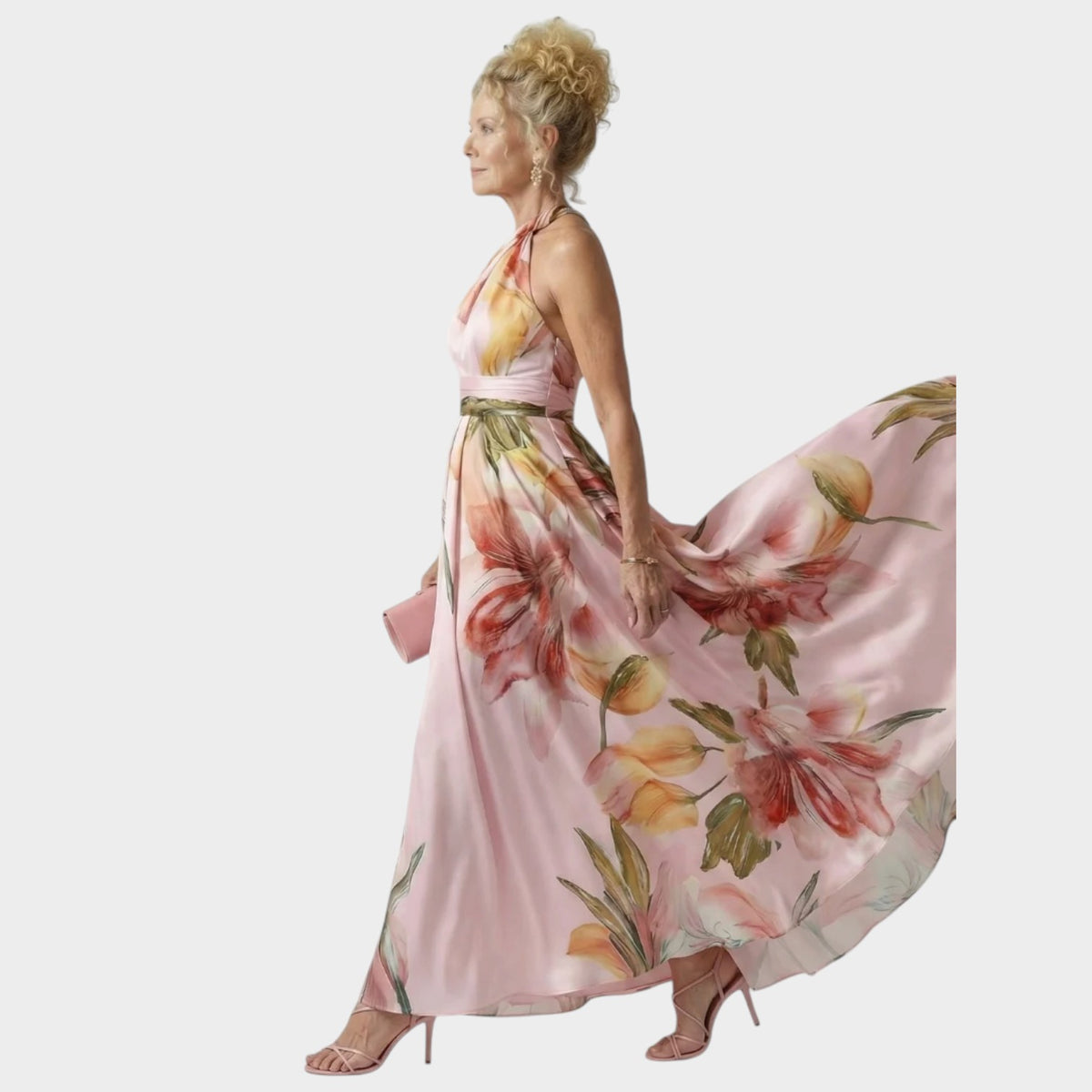 Women’s Floral Maxi Dress with Halter Neckline and Defined Waist