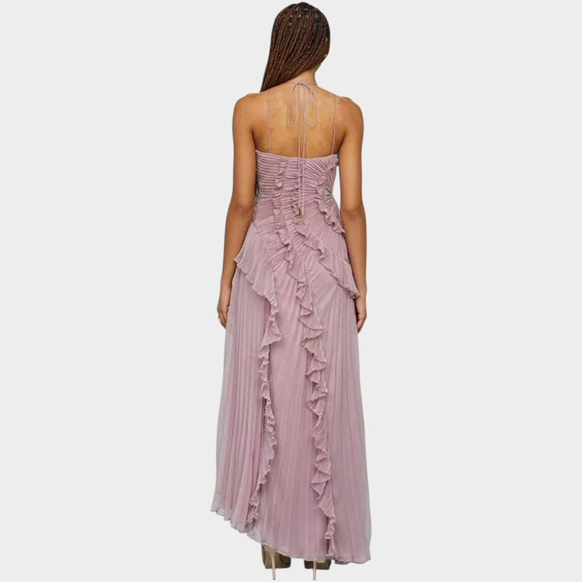 Women’s Halter Neck Midi Dress with Pleated Fabric, Cascading Ruffles and Asymmetric Hem