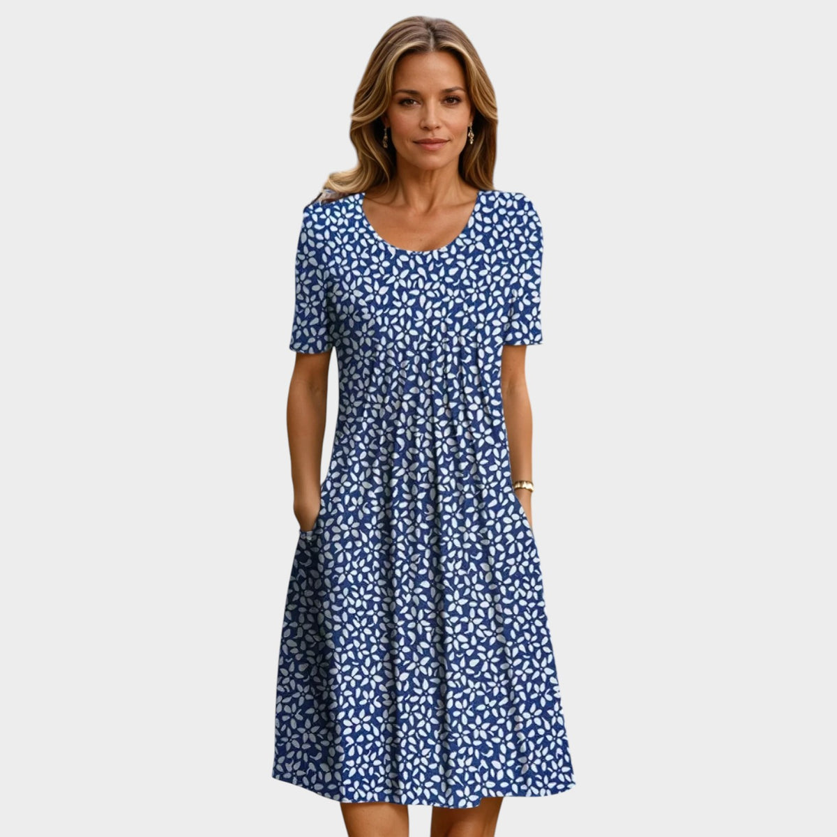 Women’s Floral Midi Dress with Round Neck and Short Sleeves