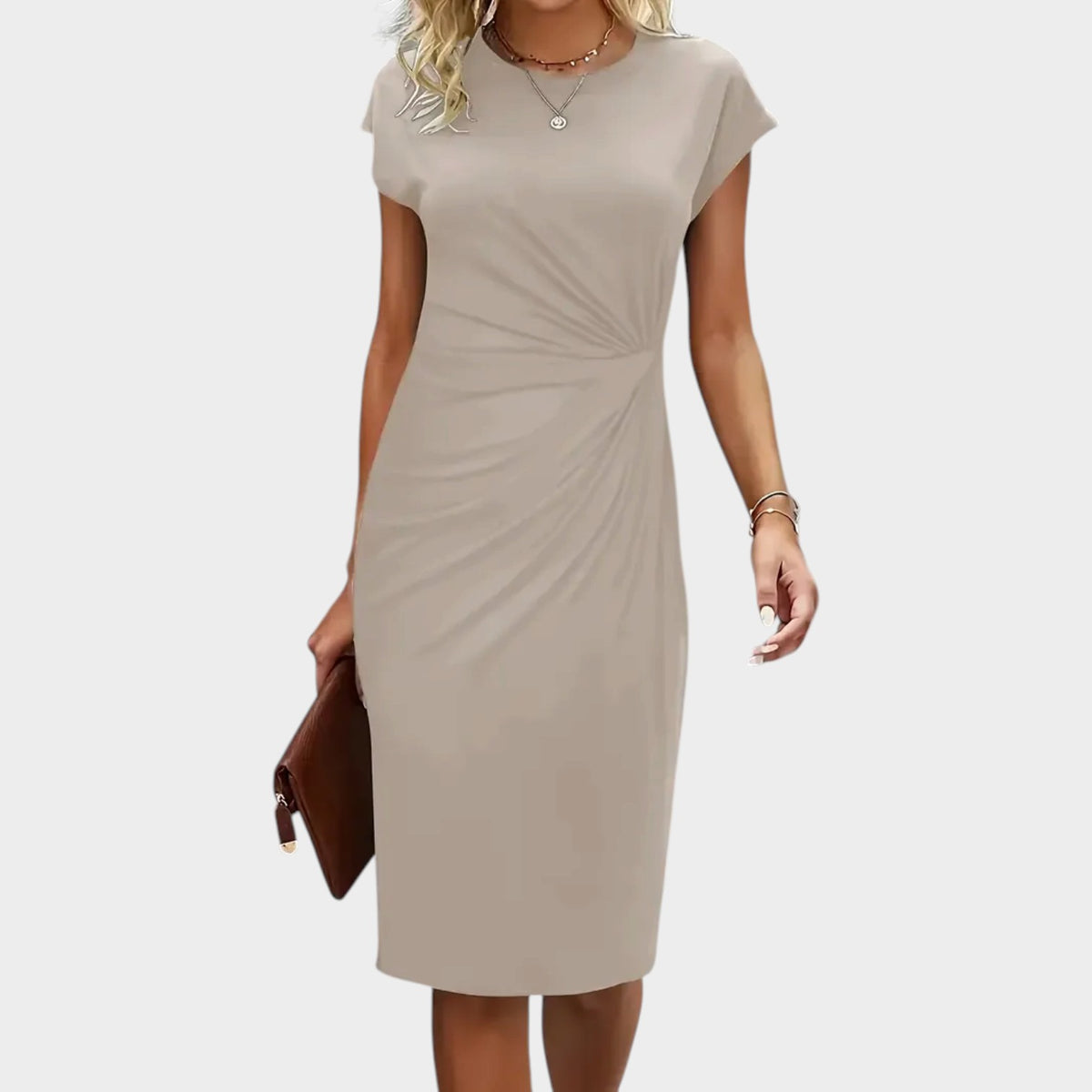 Women’s Midi Dress with Round Neck and Ruched Waist Detail