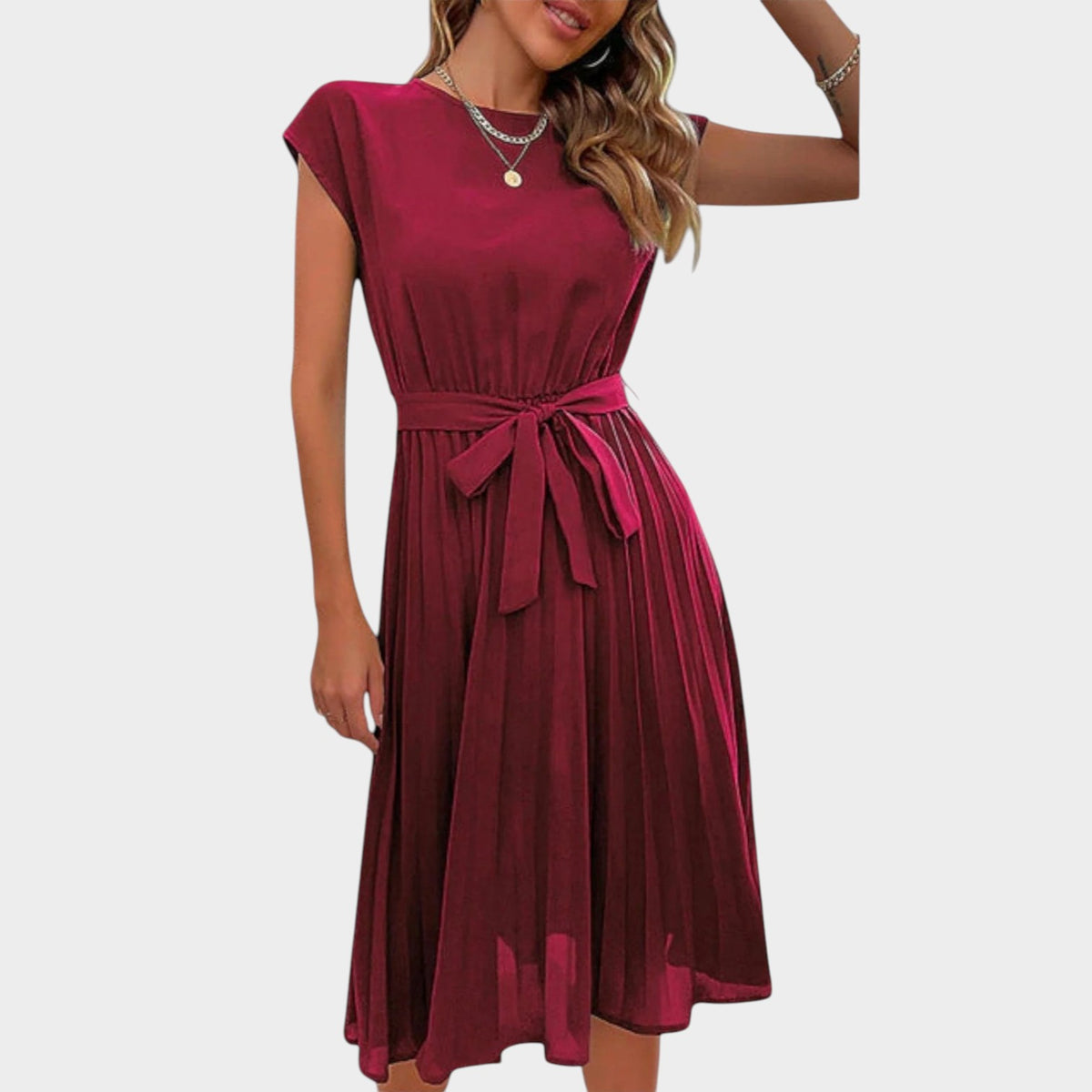 Women’s Pleated Midi Dress with Short Sleeves and Waist Tie