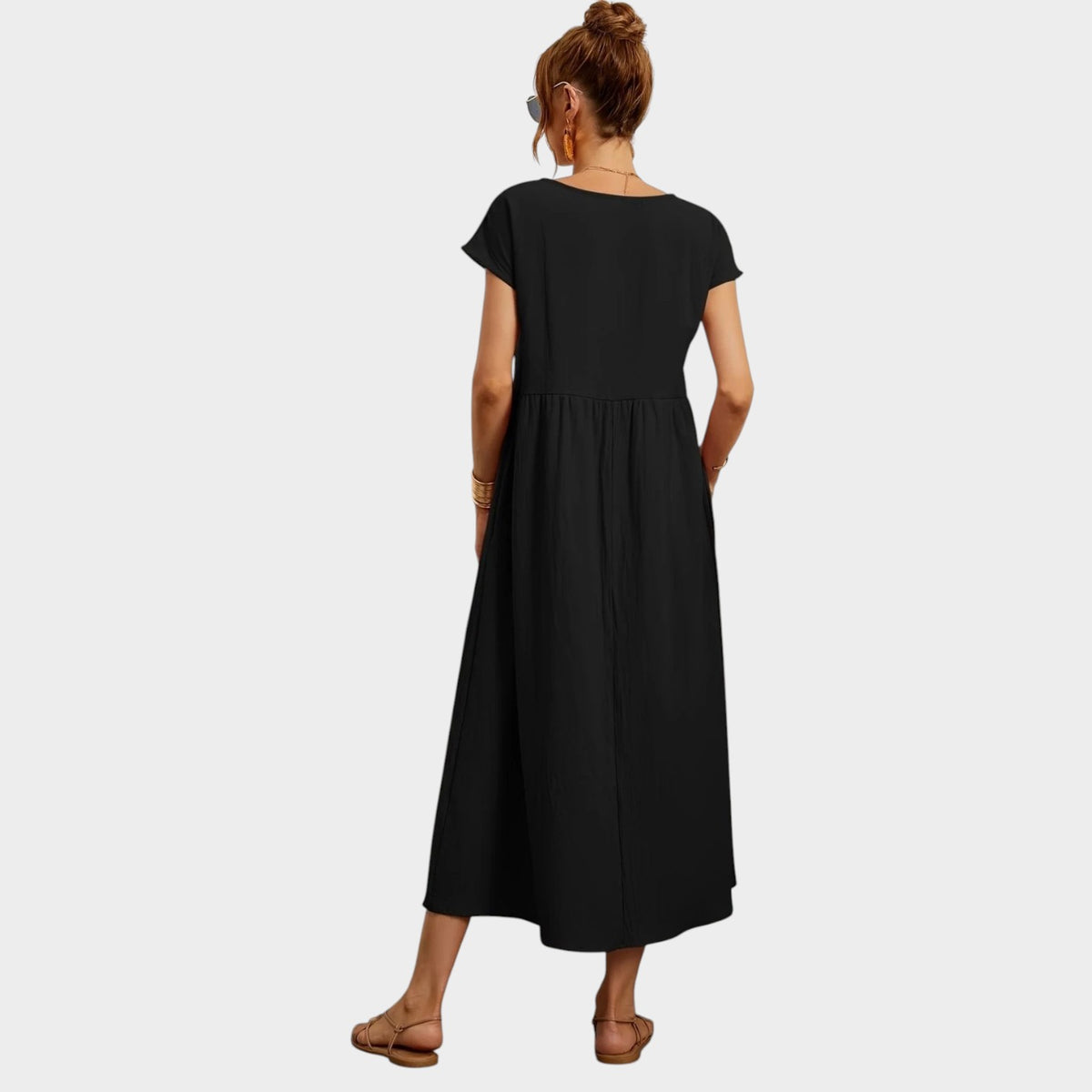 Women’s Round Neck Midi Dress with Short Sleeves and Side Pockets