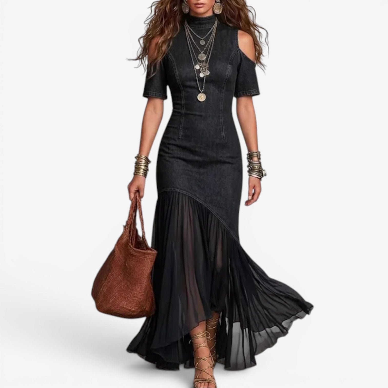 Denim Cold-Shoulder Maxi Dress