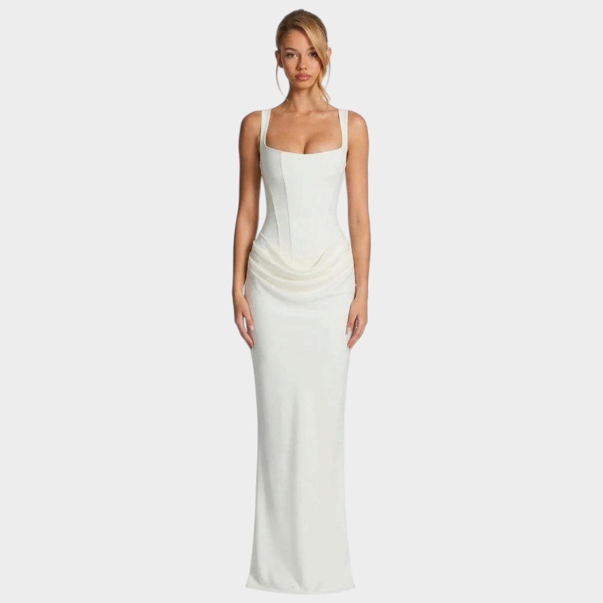 Women’s Corset Maxi Dress with Square Neckline, Draped Skirt and Lace-Up Back