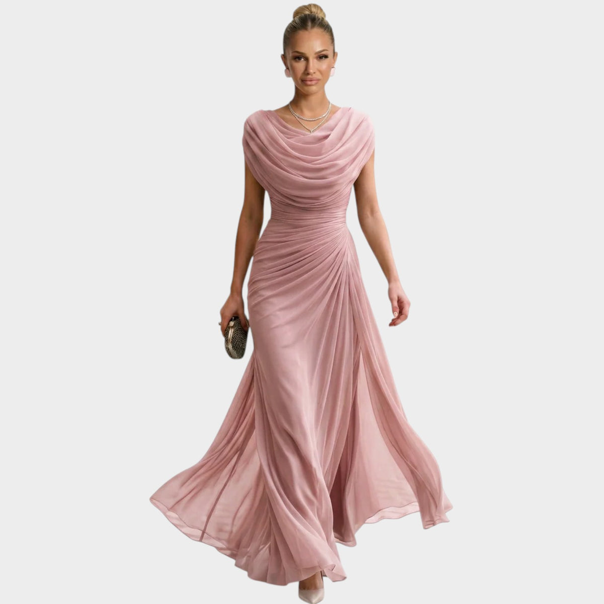Women’s Maxi Dress with Draped Cowl Neck Ruched Waist