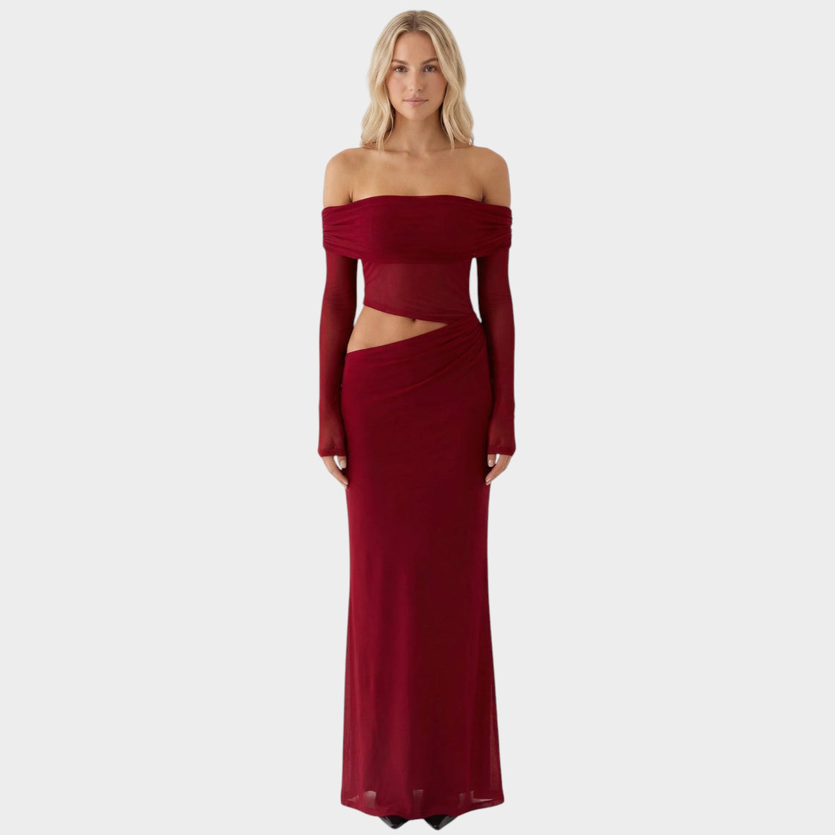 Women’s Off-Shoulder Maxi Dress with Sheer Long Sleeves and Side Cut-Outs