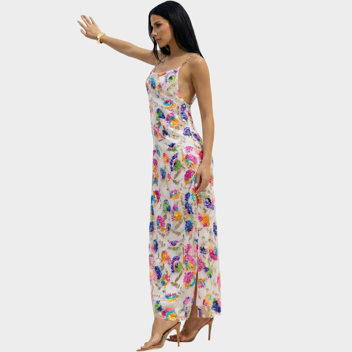 Women’s Floral Sequin Maxi Dress with Gold Chain Straps Open Back