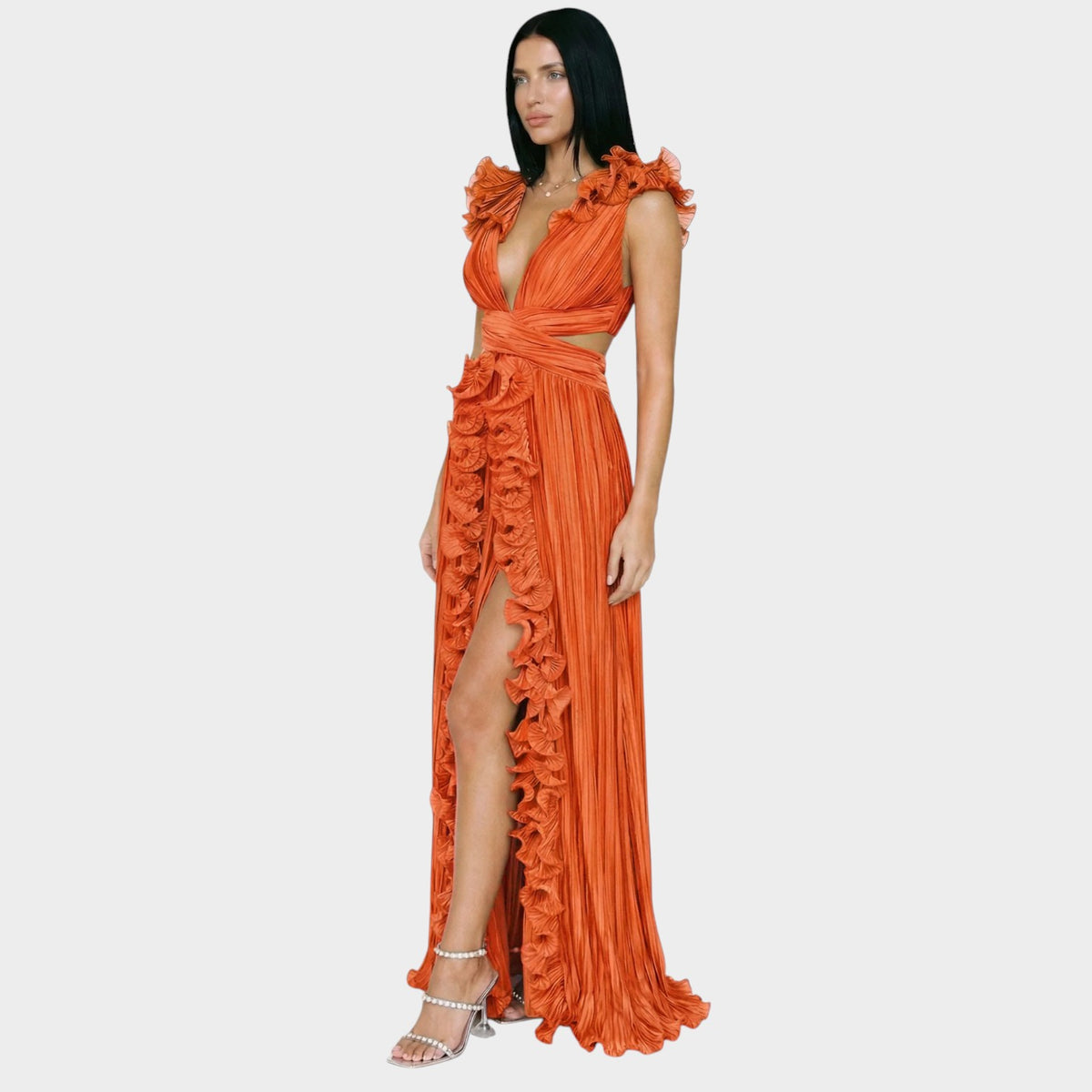 Women’s Pleated Maxi Dress with Deep V-Neck, Waist Cut-Outs and Ruffle Trim