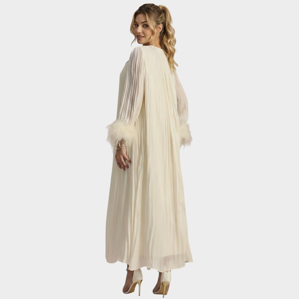 Women’s Pleated Maxi Dress with Embellished Keyhole Neckline and Feather Cuffs