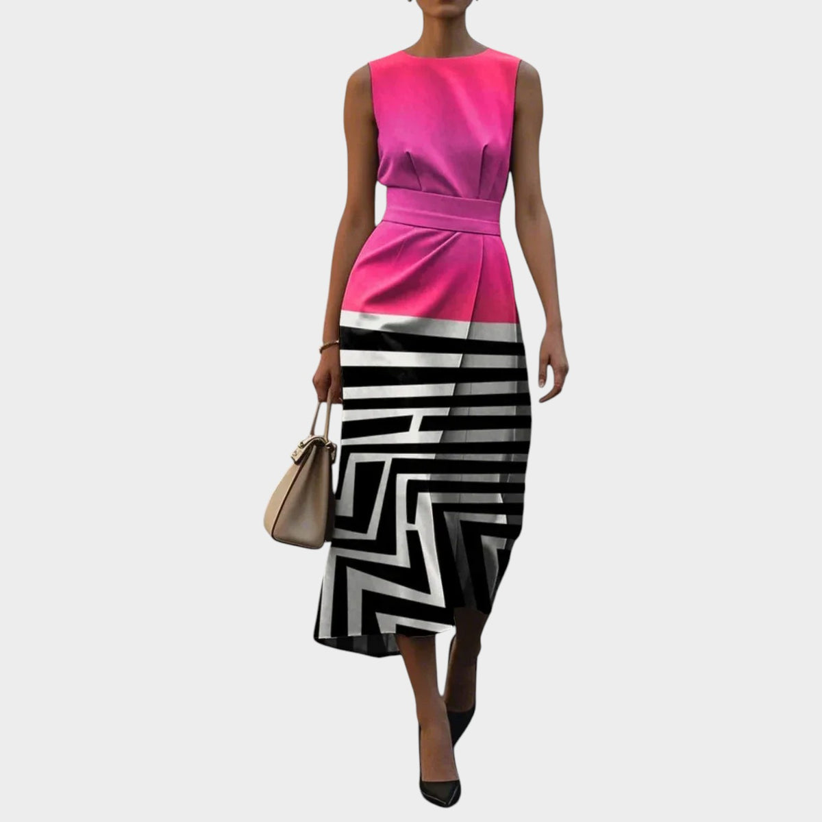 Women’s Sleeveless Midi Dress with Floral Pattern and Waist Detail