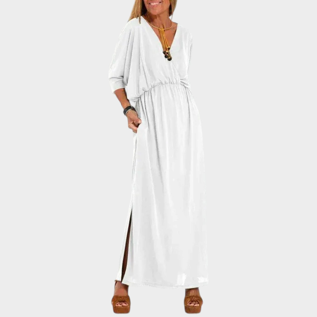 Women’s Vintage Maxi Dress with V-Neckline, Three-Quarter Sleeves and Side Slit