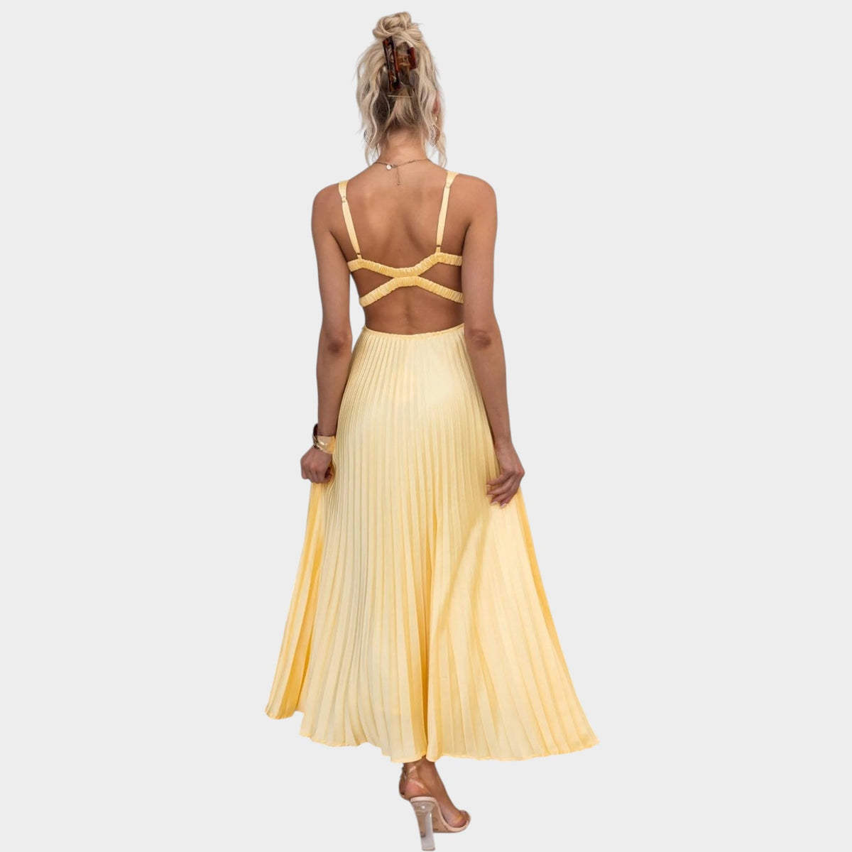 Women’s Pleated Maxi Dress with V-Neck and Cross-Back Straps