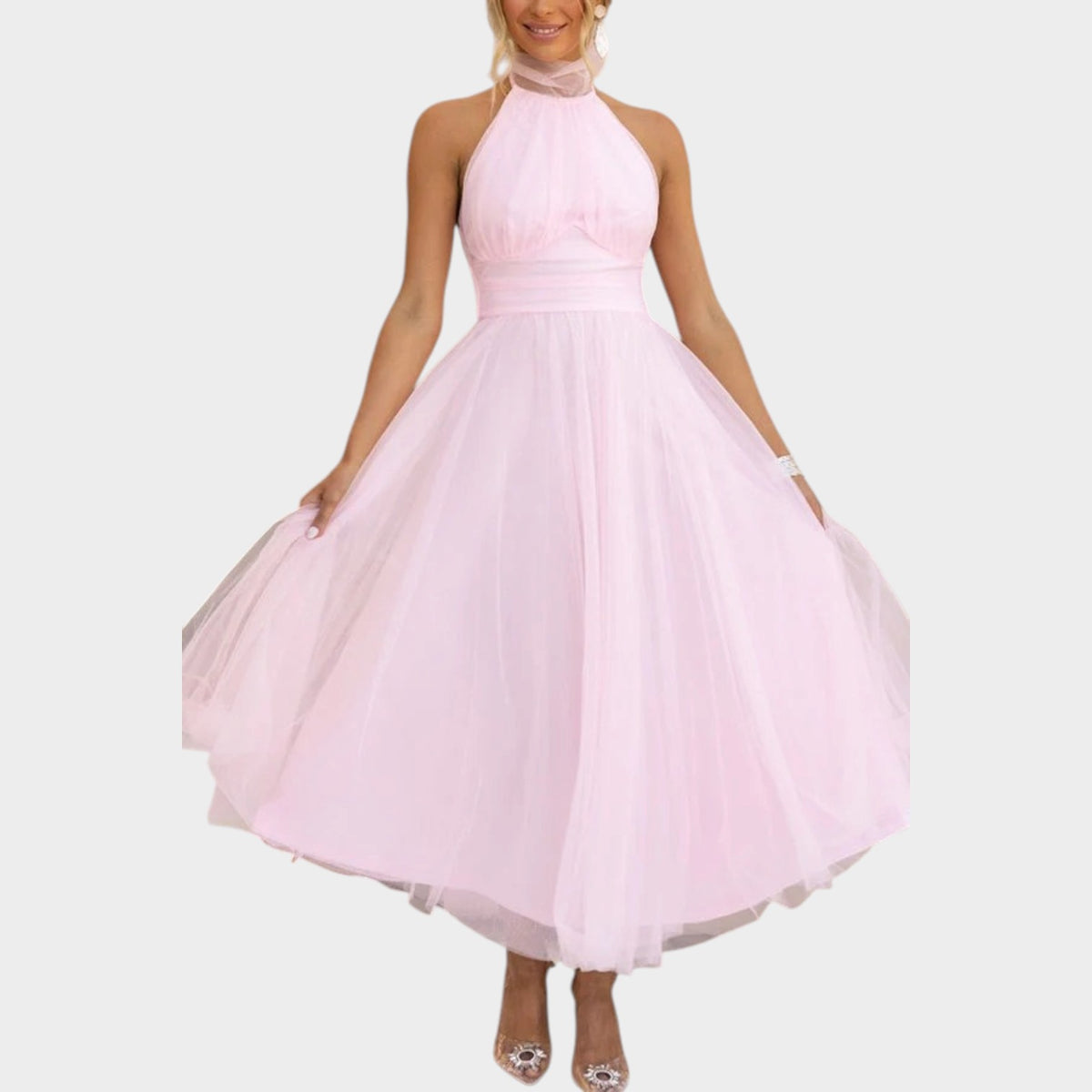Women’s Halter Neck Midi Dress with Tulle Full Skirt