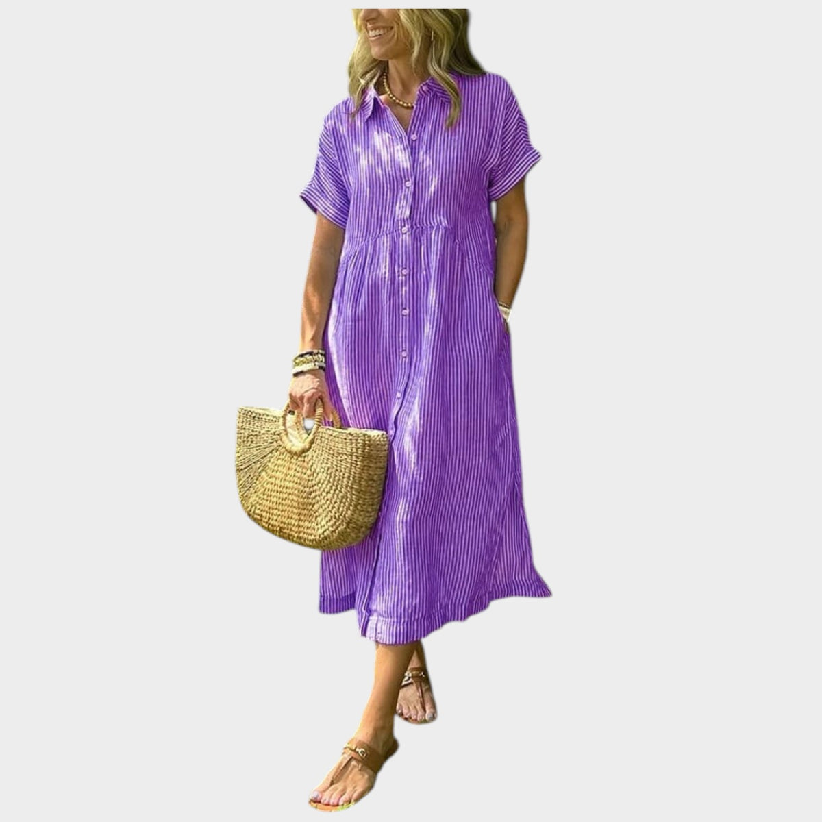 Women’s Striped Maxi Shirt Dress Lapel Collar Button Front