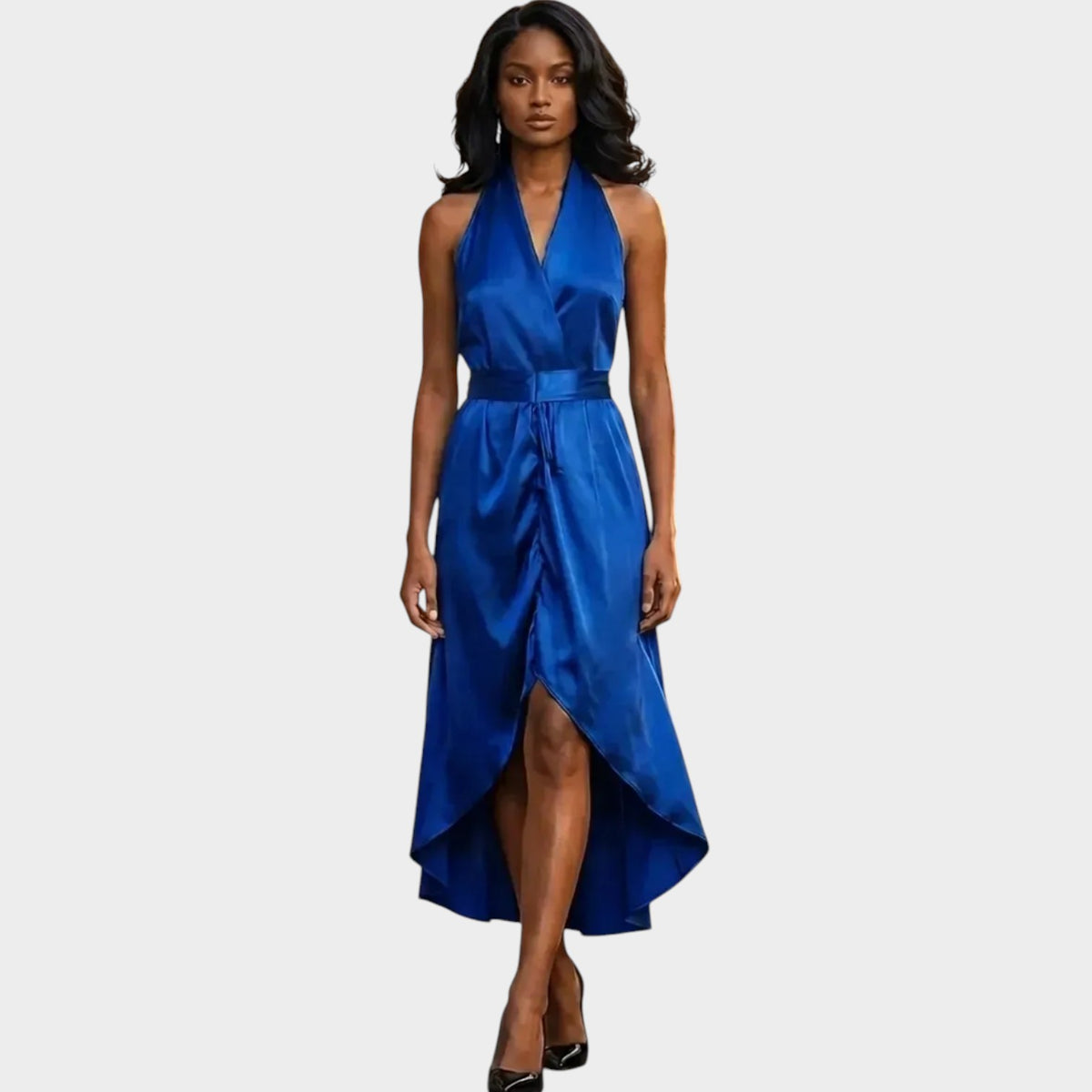 Women’s Formal Maxi Dress with Wrap Waist and High-Low Hem