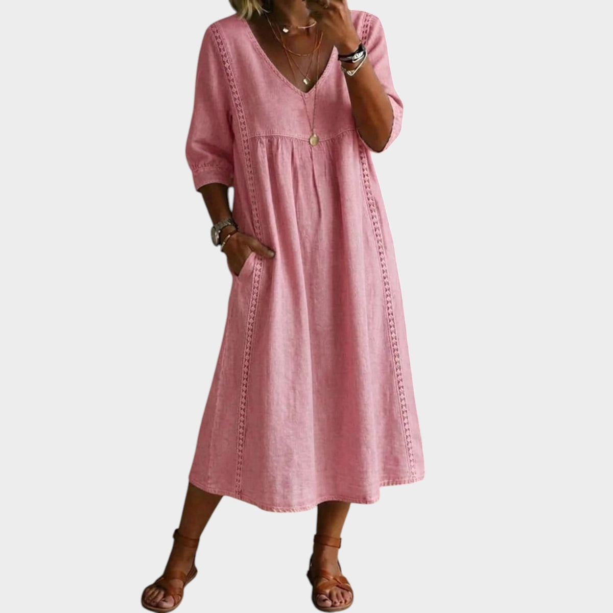 Women’s A-Line Midi Dress with V-Neck, Three-Quarter Sleeves and Lace Trim
