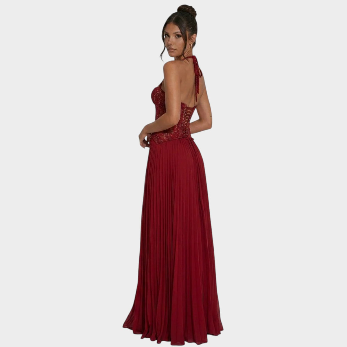 Women’s Lace Bodice Maxi Dress with Sweetheart Neckline and Pleated Chiffon Skirt