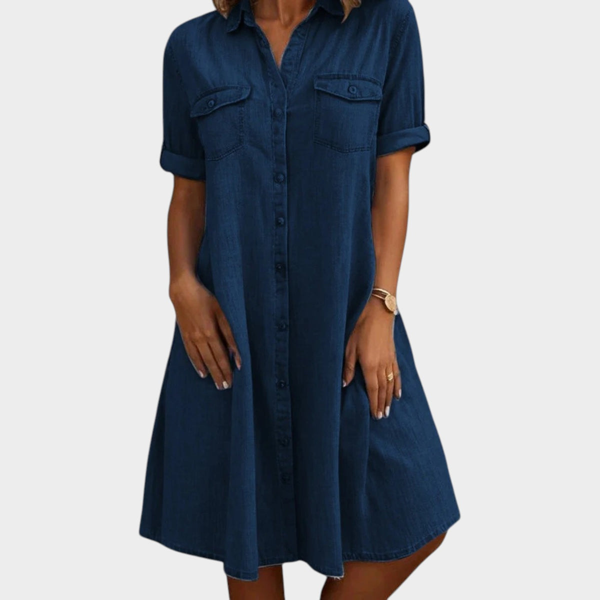 Women’s Denim Shirt Dress with Button Front and Roll-Up Sleeves