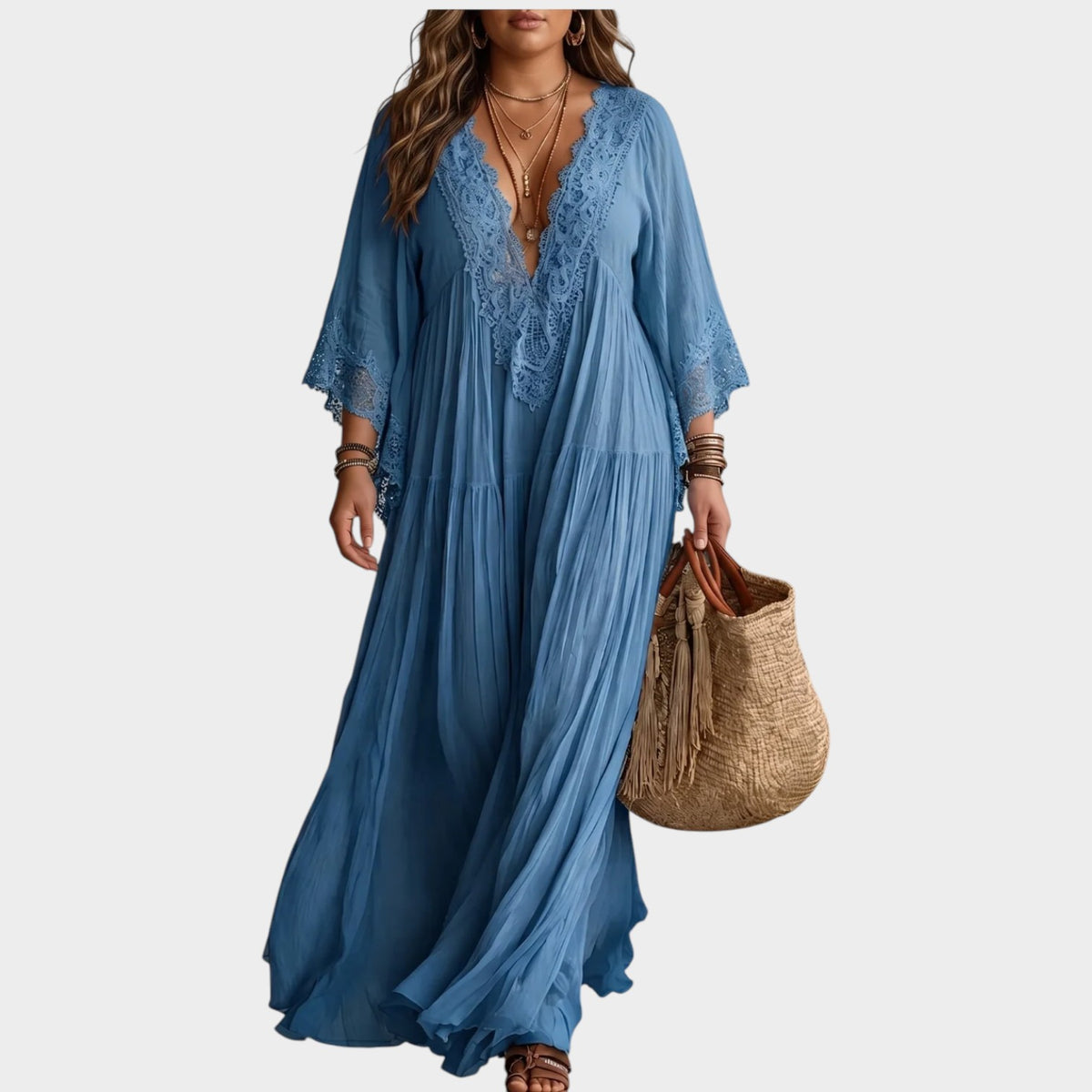 Women’s Lace Trim Maxi Dress with Deep V-Neck and Batwing Sleeves