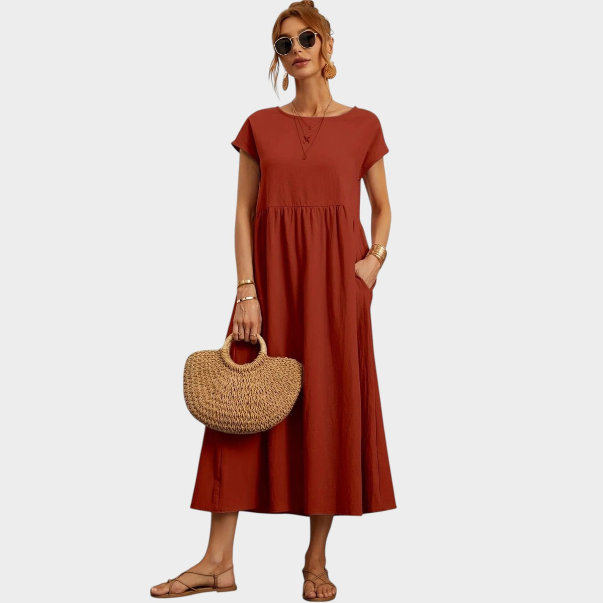 Women’s Round Neck Midi Dress with Short Sleeves and Side Pockets