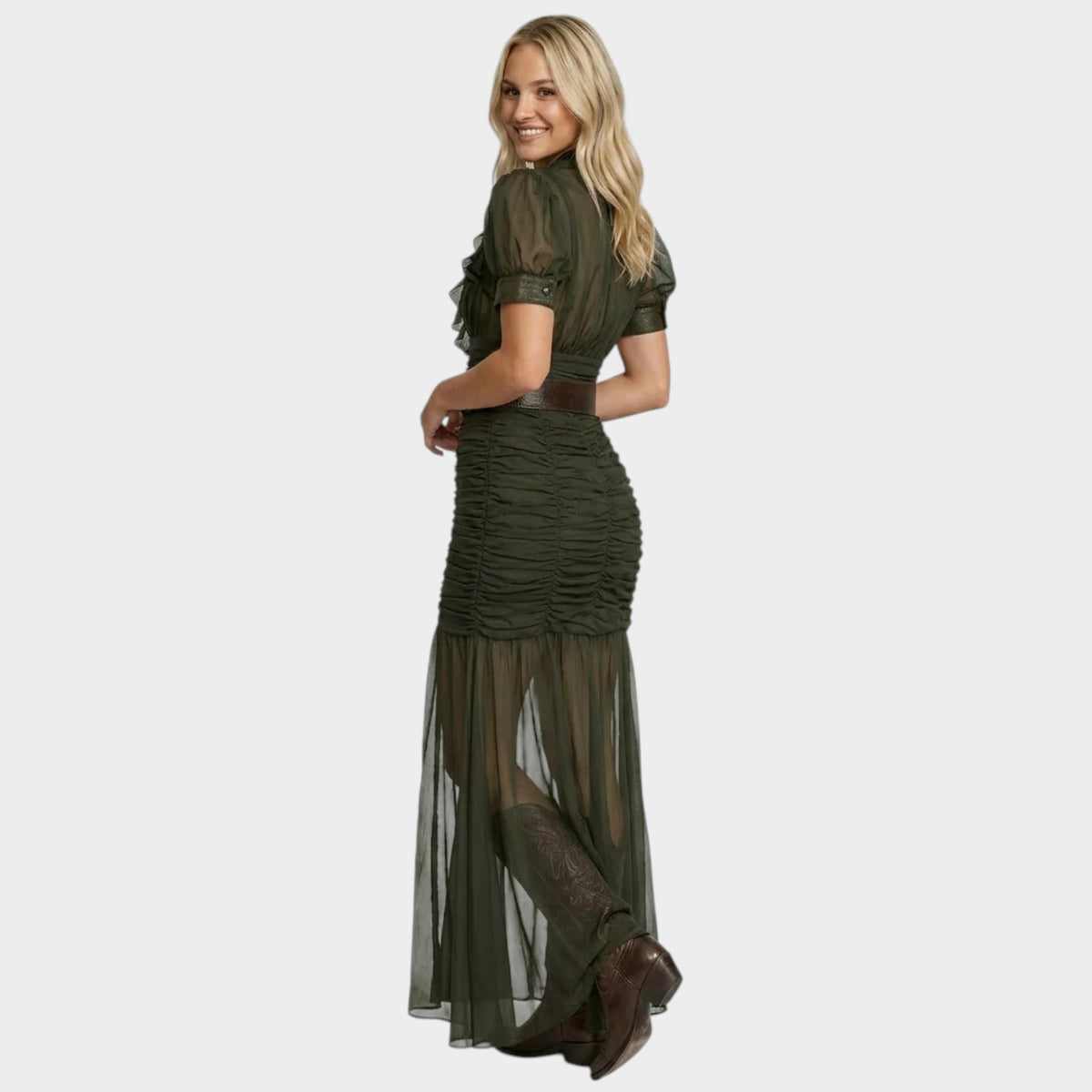 Women’s Sheer Maxi Dress with Puff Sleeves, Ruched Skirt and Thigh-High Split