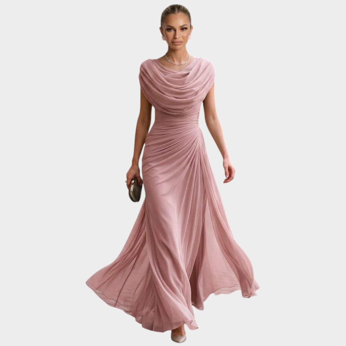 Women’s Maxi Dress with Draped Cowl Neck Ruched Waist
