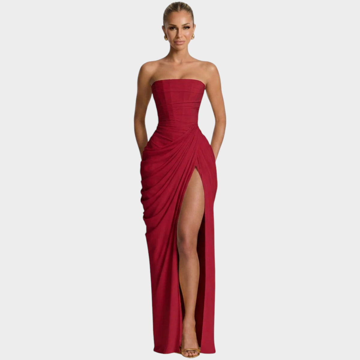 Women’s Strapless Maxi Dress with Gathered Bodice and Front Slit