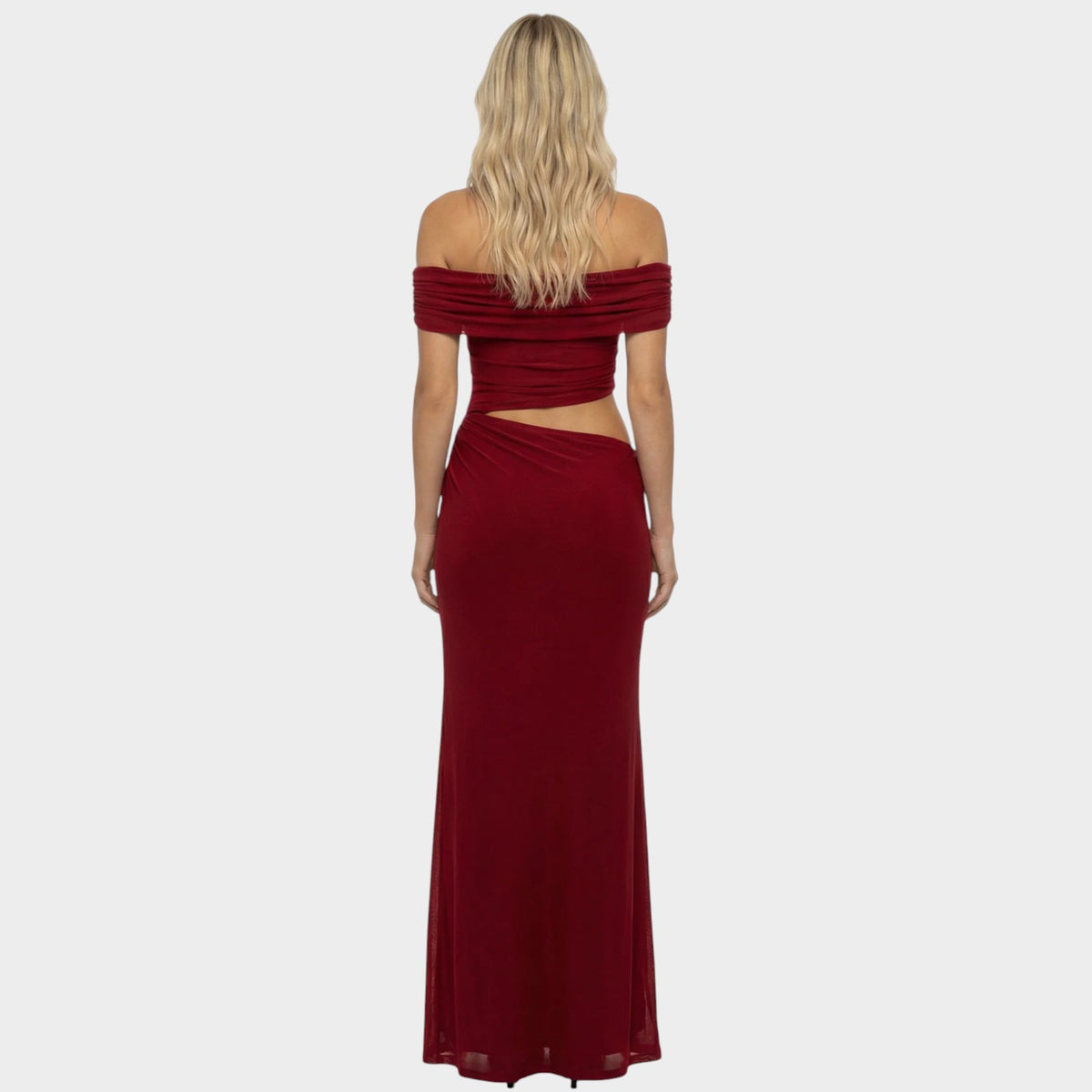 Women’s Off-Shoulder Maxi Dress with Sheer Long Sleeves and Side Cut-Outs