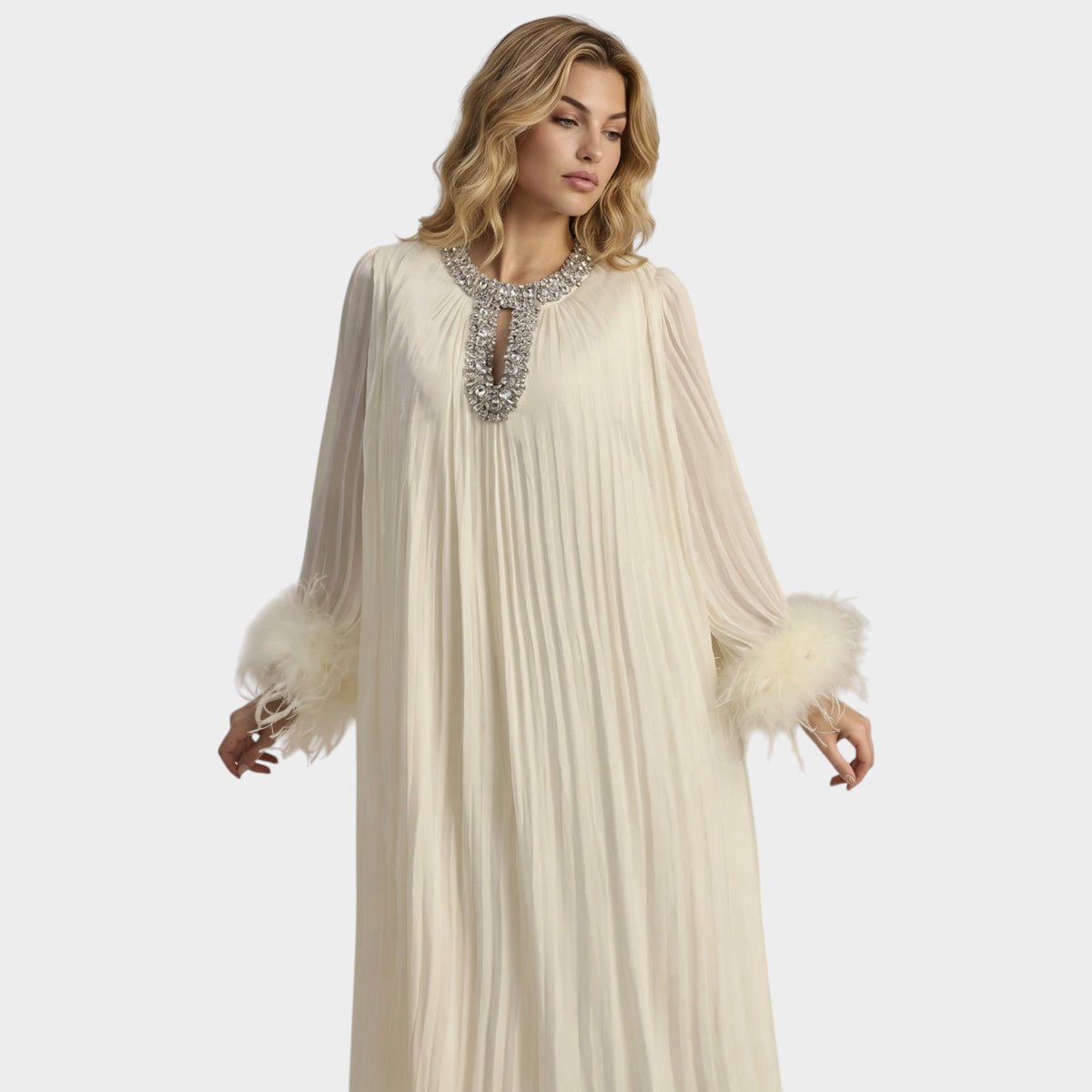 Women’s Pleated Maxi Dress with Embellished Keyhole Neckline and Feather Cuffs