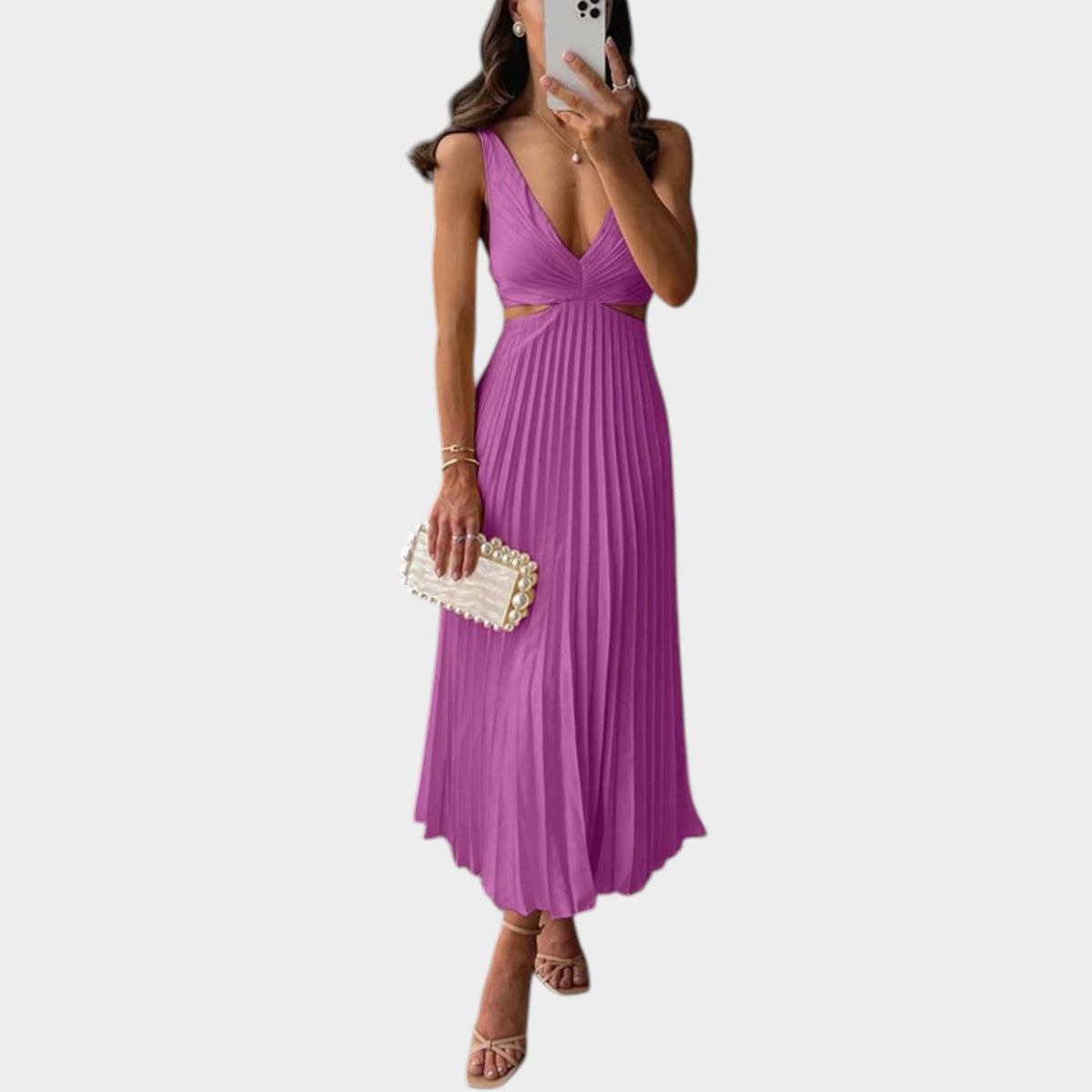 Women’s Pleated Maxi Dress Sleeveless V-Neck Ruched Waist