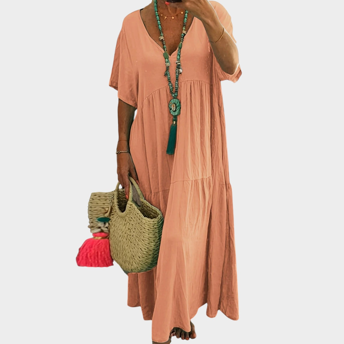 Women's Plus Size Maxi Dress with Short Sleeves and Layered Ruffle Hem