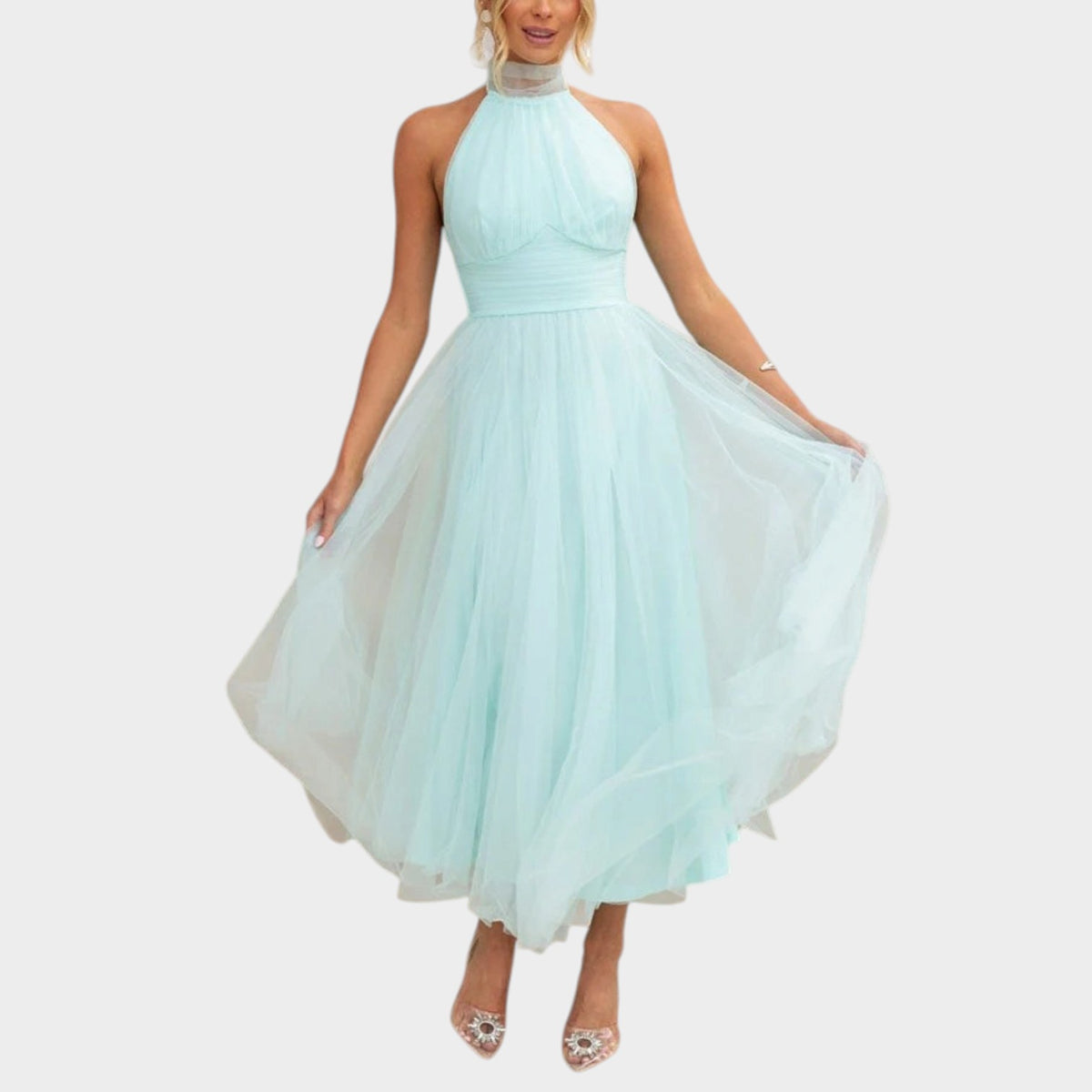 Women’s Halter Neck Midi Dress with Tulle Full Skirt