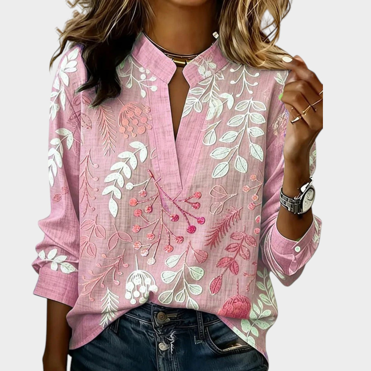 Women’s Floral Blouse with V-Neck and Long Sleeves