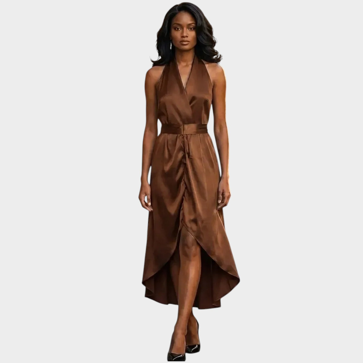 Women’s Formal Maxi Dress with Wrap Waist and High-Low Hem