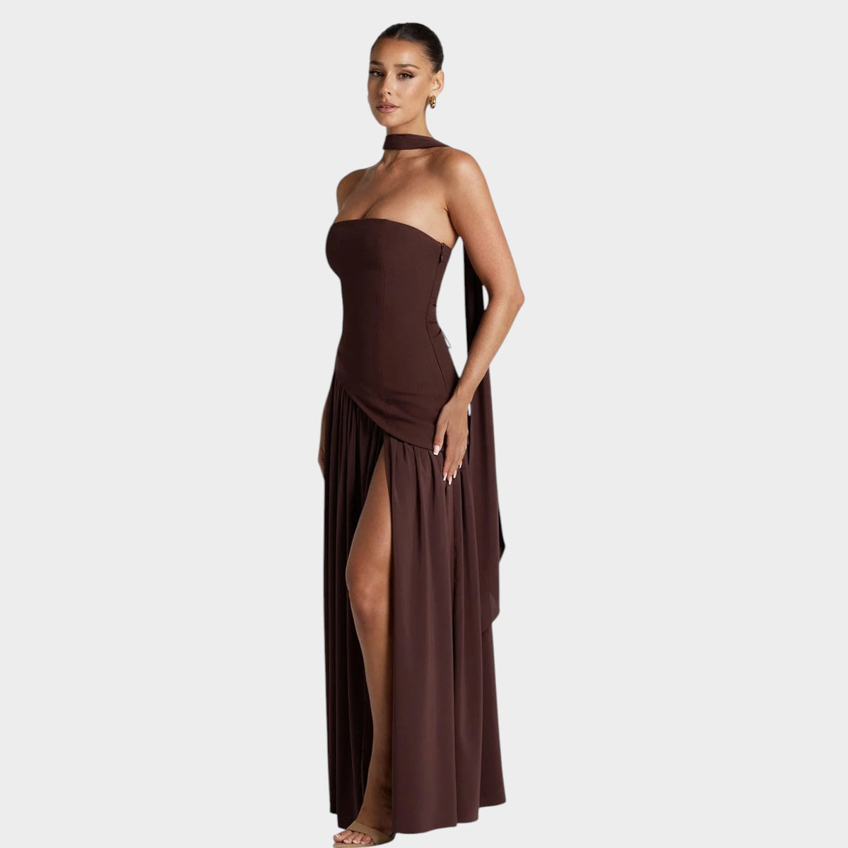 Women’s Strapless Maxi Dress with Corset Bodice and High Front Slit