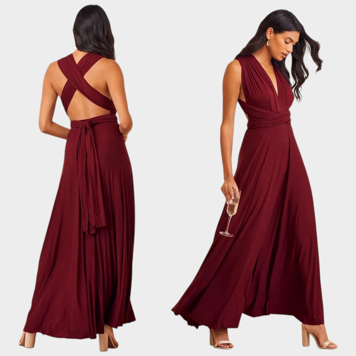 Women’s Convertible Maxi Wrap Dress with Deep V-Neck and Open Back