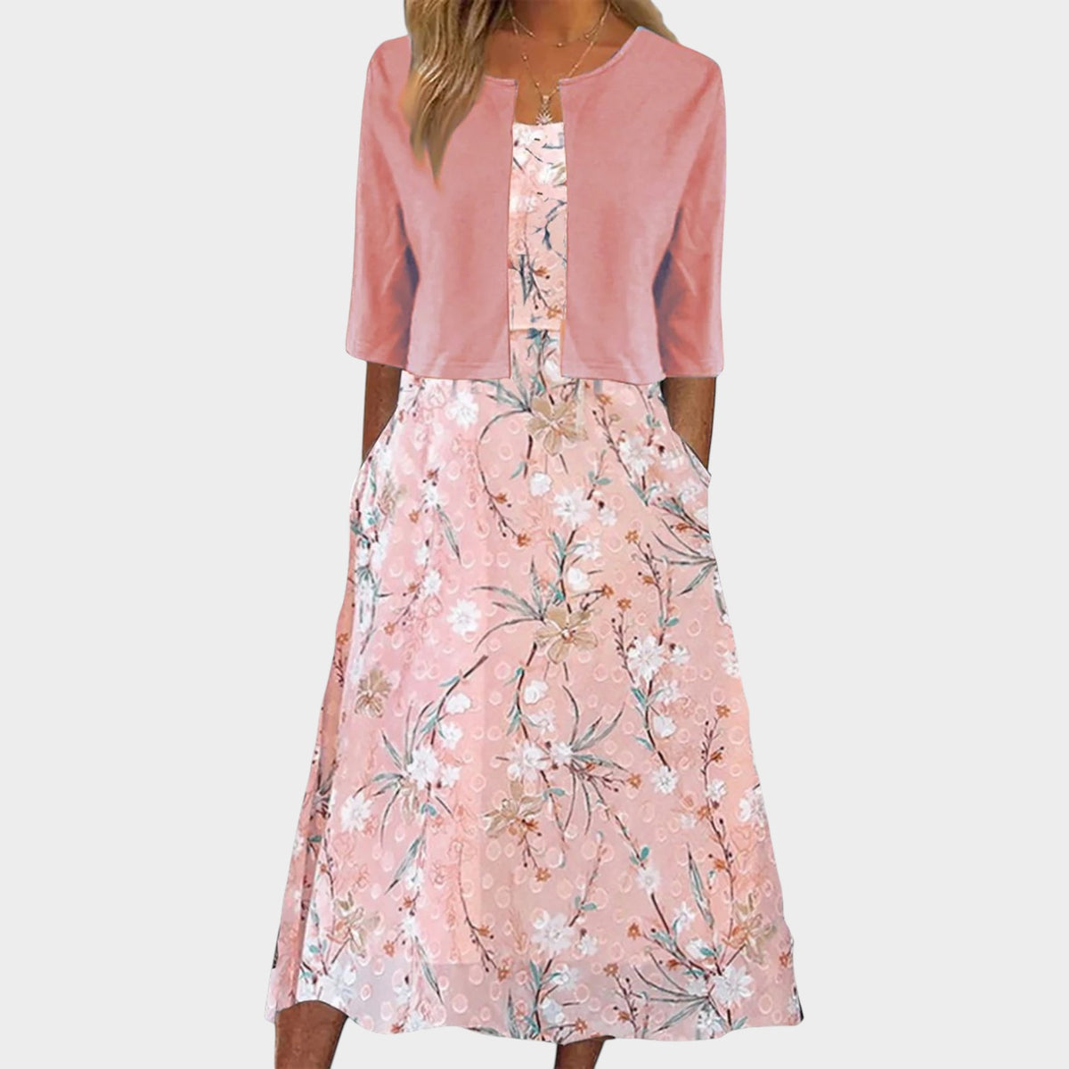Women’s Two-Piece Midi Dress Floral Print Round Neck Half Sleeve
