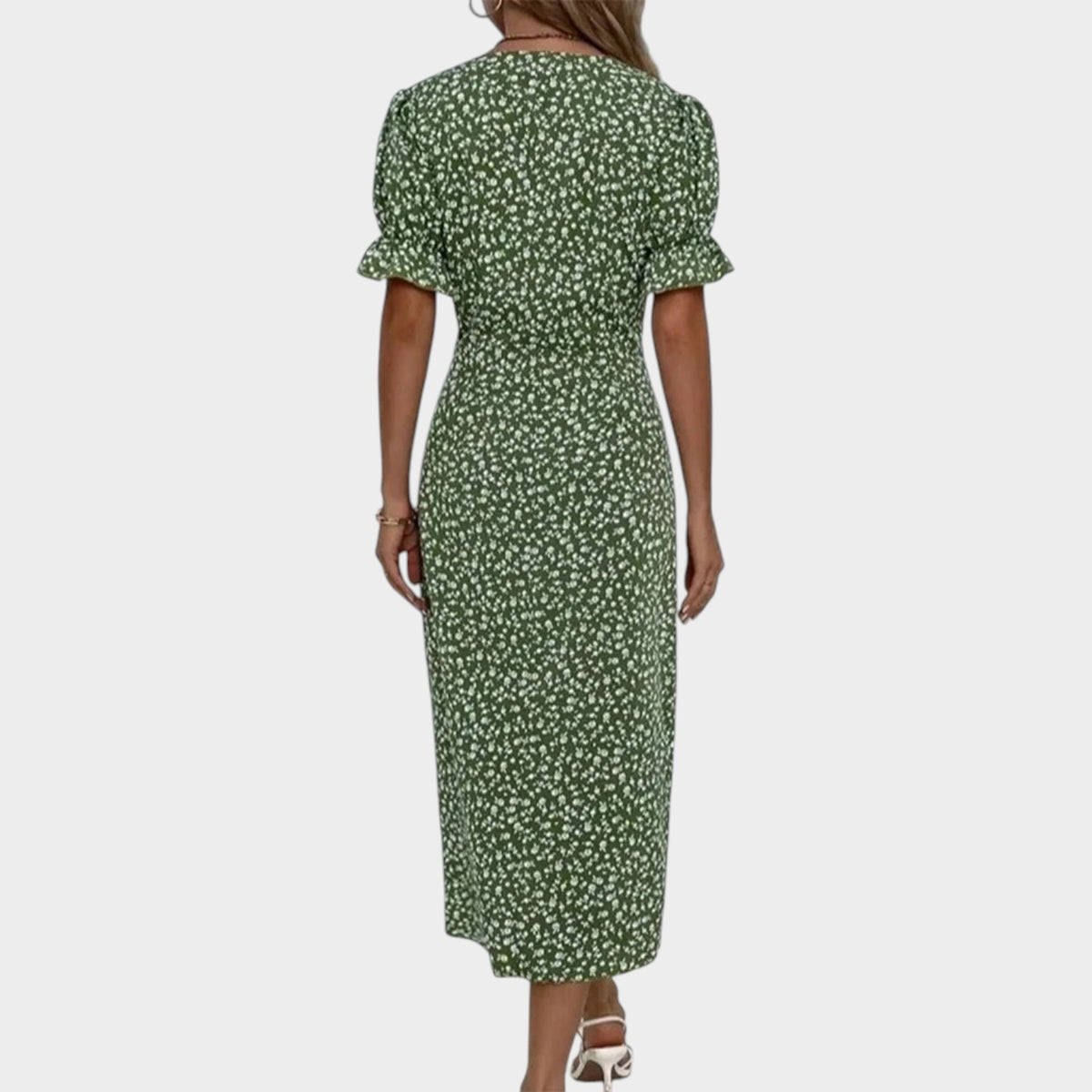 Women’s Floral Midi Dress V-Neck Short Ruffle Sleeves Wrap Front