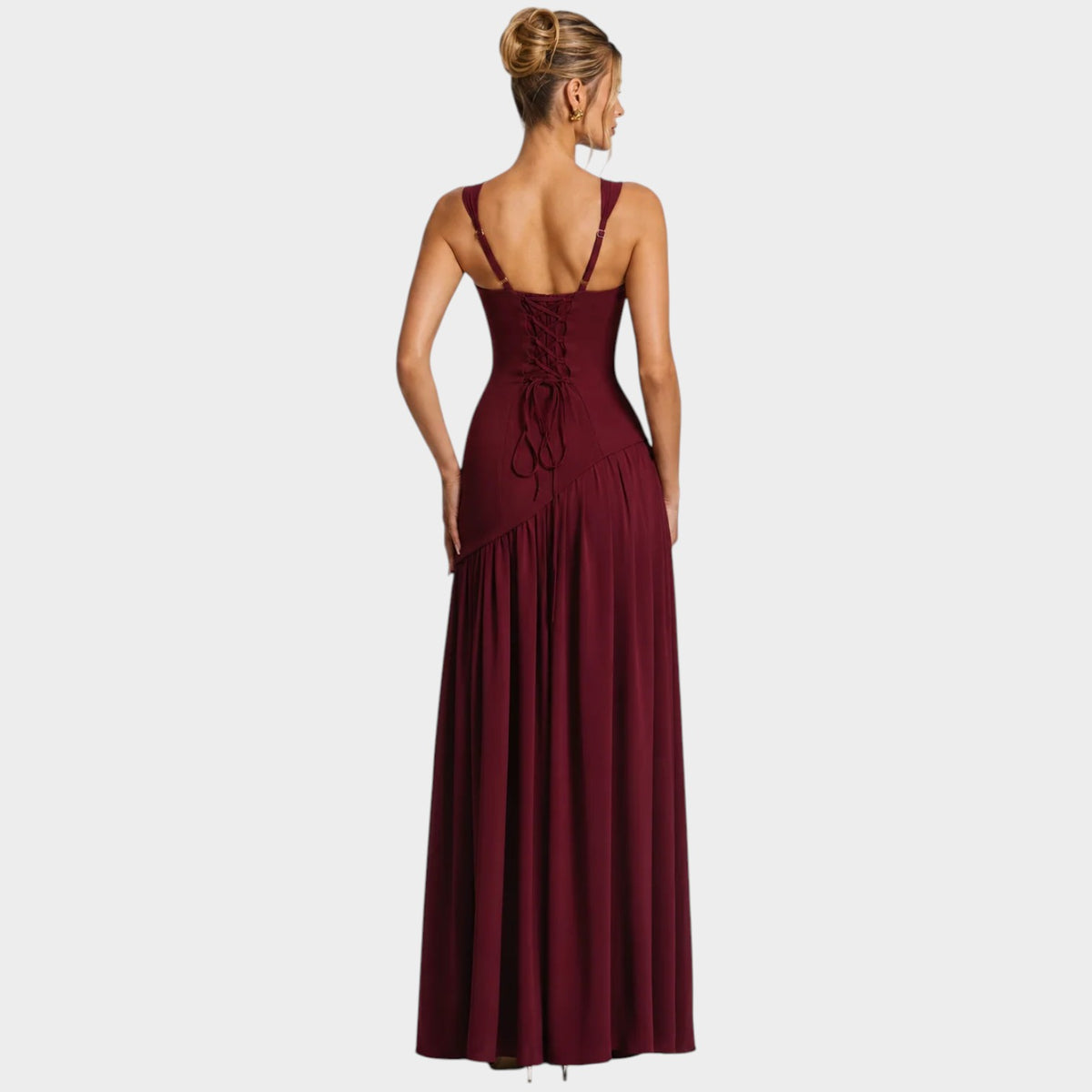 Women’s Strapless Maxi Evening Dress with Draped Bodice and High Slit
