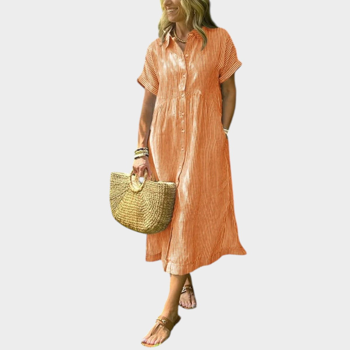 Women’s Striped Maxi Shirt Dress Lapel Collar Button Front
