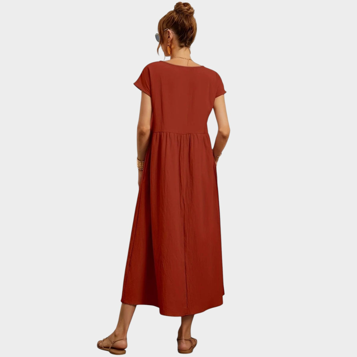 Women’s Round Neck Midi Dress with Short Sleeves and Side Pockets