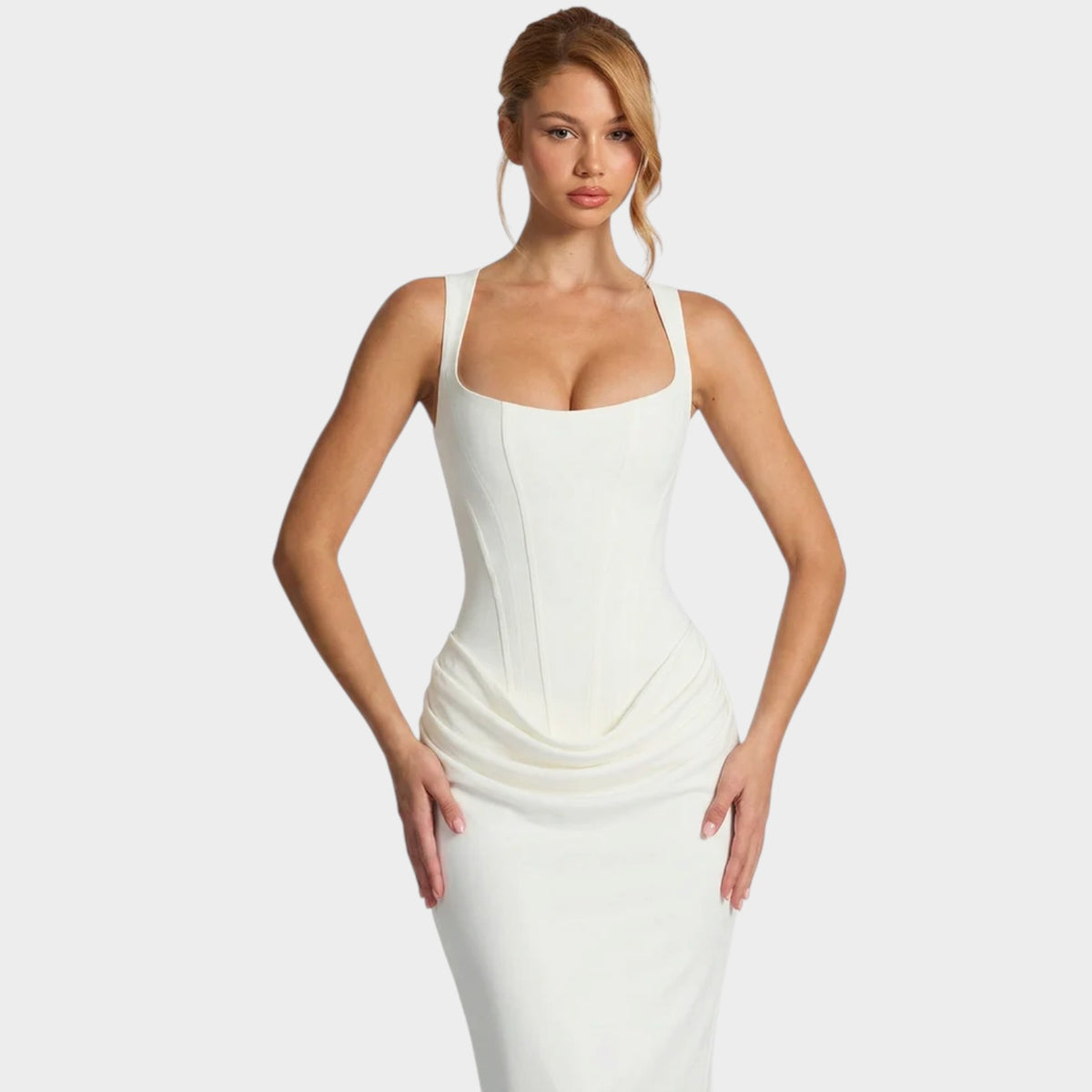 Women’s Corset Maxi Dress with Square Neckline, Draped Skirt and Lace-Up Back
