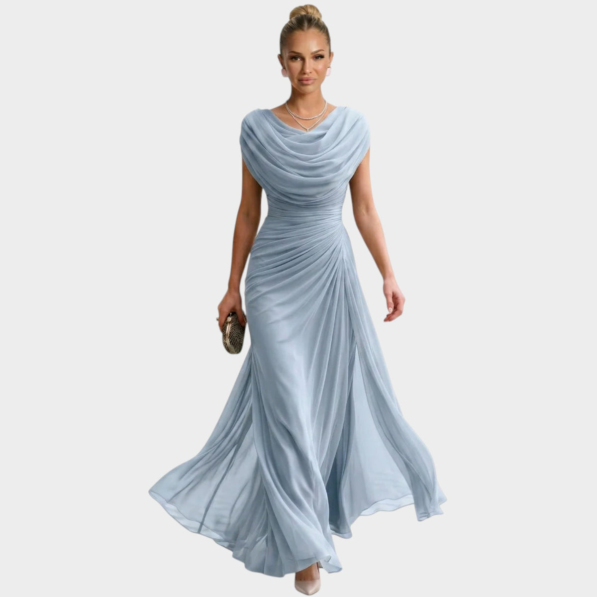 Women’s Maxi Dress with Draped Cowl Neck Ruched Waist