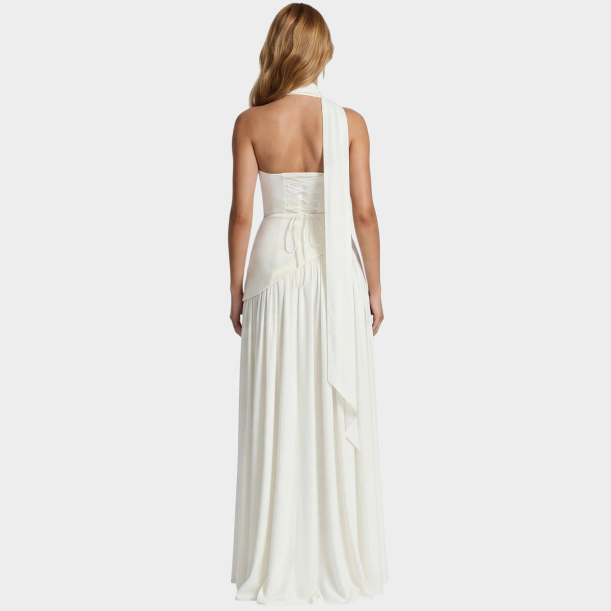 Women’s Strapless Maxi Dress with Draped Scarf Detail and High Slit