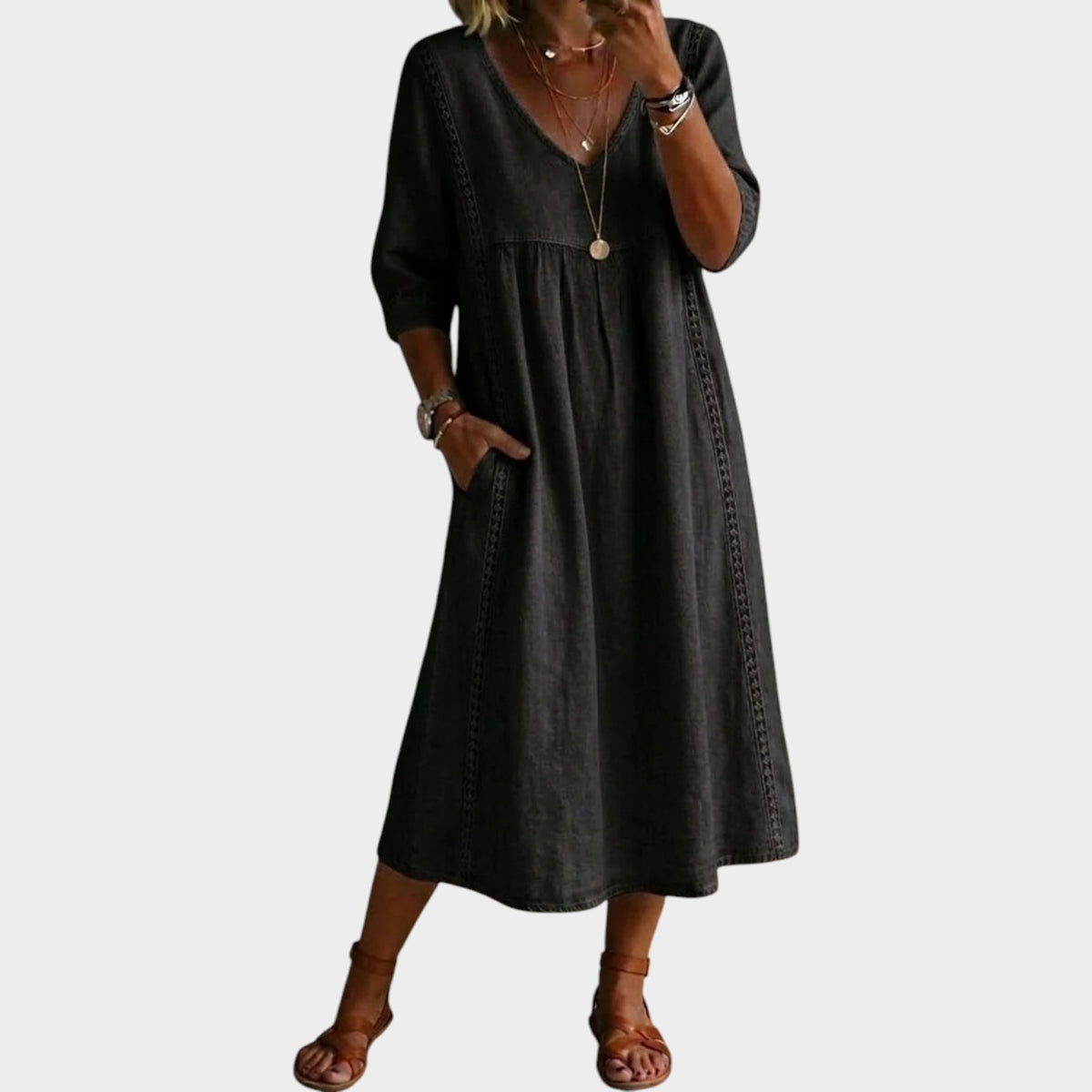 Women’s A-Line Midi Dress with V-Neck, Three-Quarter Sleeves and Lace Trim