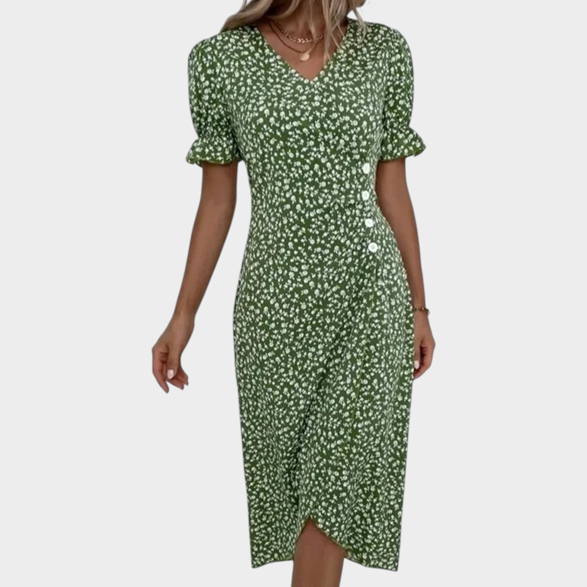 Women’s Floral Midi Dress V-Neck Short Ruffle Sleeves Wrap Front