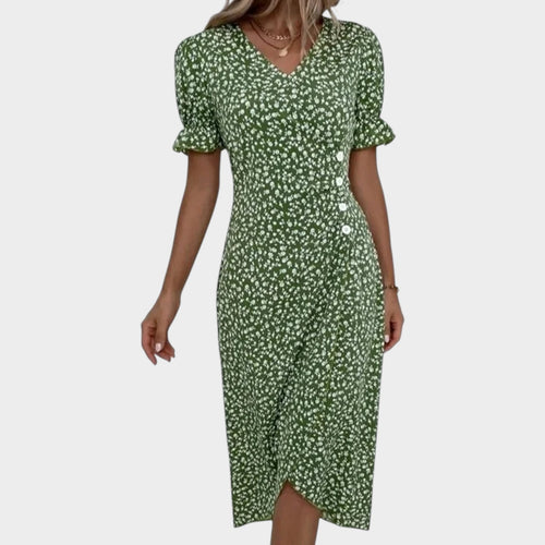 Women’s Floral Midi Dress V-Neck Short Ruffle Sleeves Wrap Front